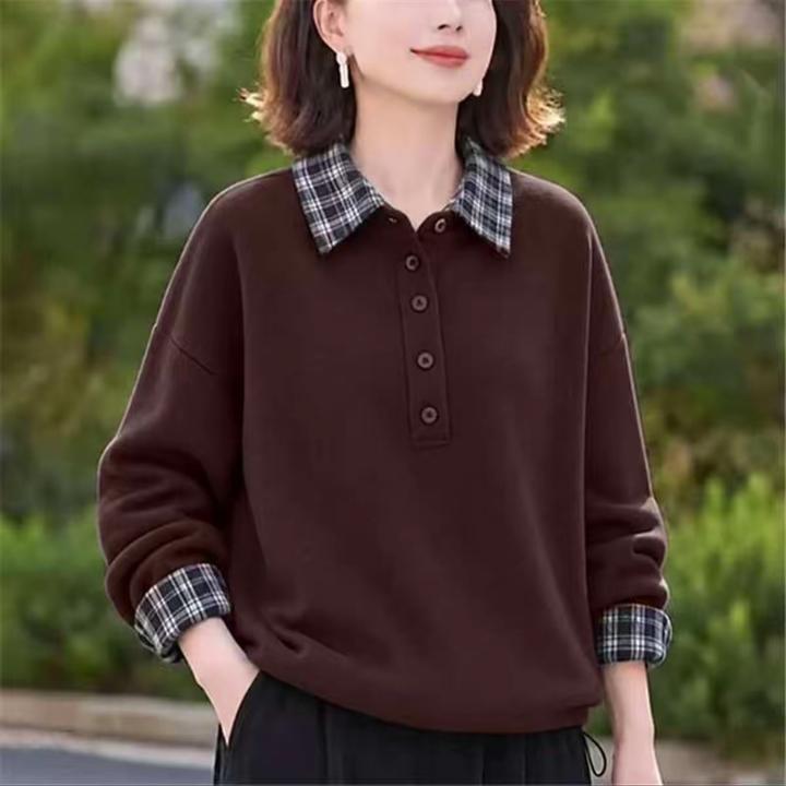 Y2026秋冬季新款格子翻领卫衣套头上衣长袖气质女装时尚宽松